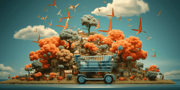 A shopping cart filled with renewable energy icons and moral compass as handle.