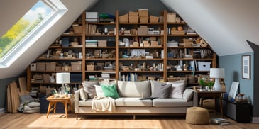 a couch in a room with shelves and a table