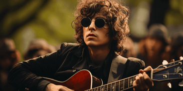 Bob Dylan playing protest songs on guitar at 1969 Woodstock Festival.