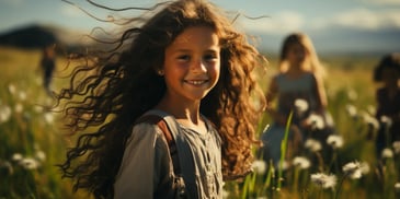 a child with long hair in a field