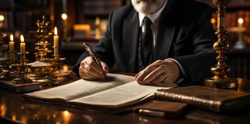 a person in a suit writing on a book
