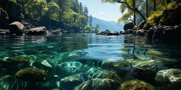 a body of water with rocks and trees