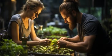 a person and person looking at plants