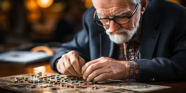 a person with glasses and a white beard playing a game