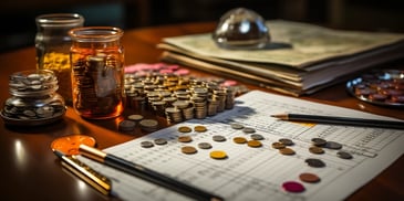 a pencil and a glass on a table with coins and a glass jar