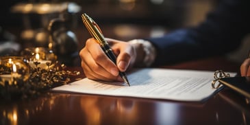 a hand holding a pen over a paper