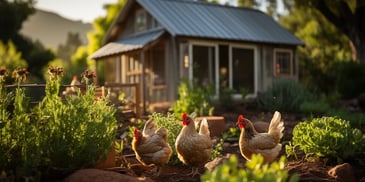 a group of chickens in a garden