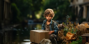 a child sitting on a box in the water