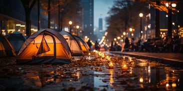 a group of tents on the side of a road with candles