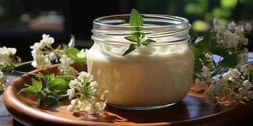a glass jar with a white cream in it and a green leafy plant on top
