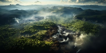 aerial view of a forest and mountains
