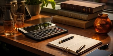 a calculator and pen on a desk