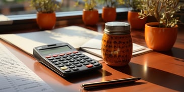 a calculator and a jar on a desk