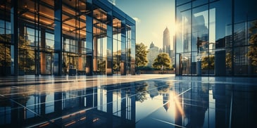a glass building with a city in the background