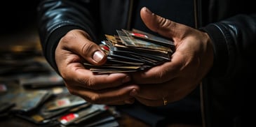 a person holding a stack of cards