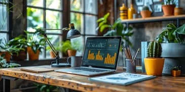 Laptop displaying charts on a wooden desk, surrounded by green plants and office supplies.