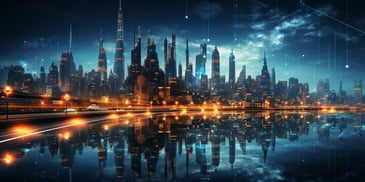 a city skyline with lights and reflections of water