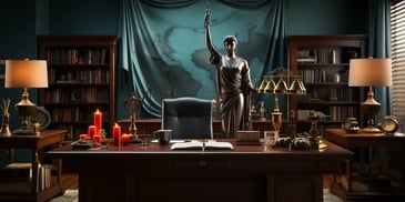 a statue of a person holding a gun in front of a desk