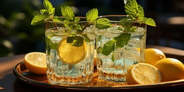 a pair of glasses with ice and lemons on a tray