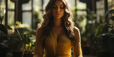 a person with long hair wearing a yellow dress