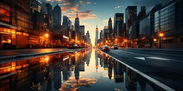 a city street with buildings and a reflection of a building