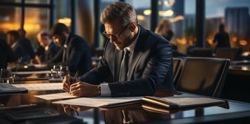 a person in a suit writing on a paper