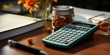 a calculator and a jar of nuts on a table