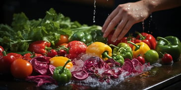 a hand washing vegetables in water