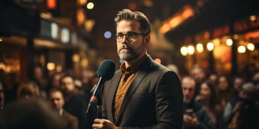 a person in a suit holding a microphone