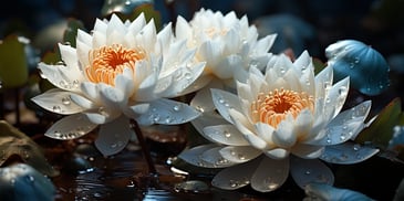 a group of white flowers with water drops
