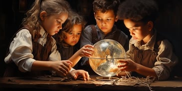 a group of children looking at a globe