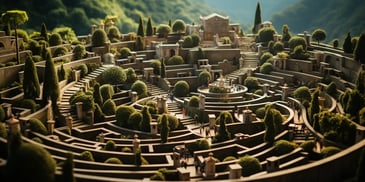 a model of a maze with persony bushes and trees