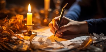a person writing on a piece of paper with a candle