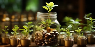 a jar full of coins and plants