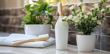 a toothbrush and a toothbrush in a vase next to a white towel