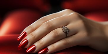 a hand with red nails and a ring on it