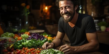 a person smiling at a table with vegetables