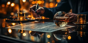 a hand holding a pen and a glass bowl of liquid