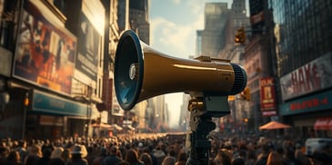 a megaphone in front of a crowd