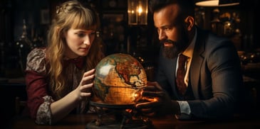 a person and person looking at a globe