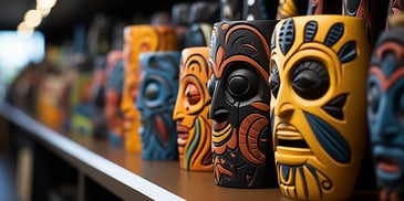 a group of colorful statues on a shelf