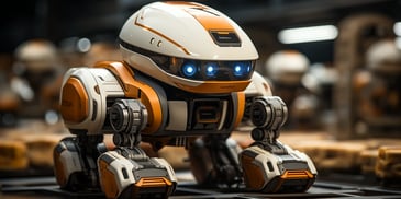 a white and orange robot with blue eyes