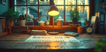 Cozy home office desk with charts.