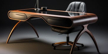 a desk with a chair and a lamp