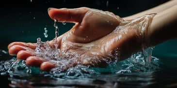 a person's hand with water falling from the palm