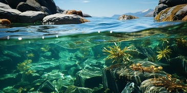 a rock under water with plants and rocks