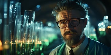 a person in glasses with a beard and mustache in front of test tubes