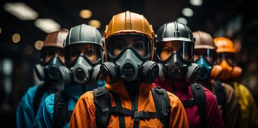 a group of people wearing gas masks