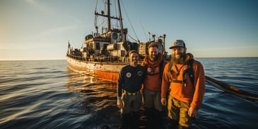 a group of men standing in water with a boat in the background