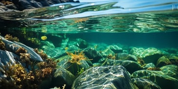 rocks under water with plants and rocks